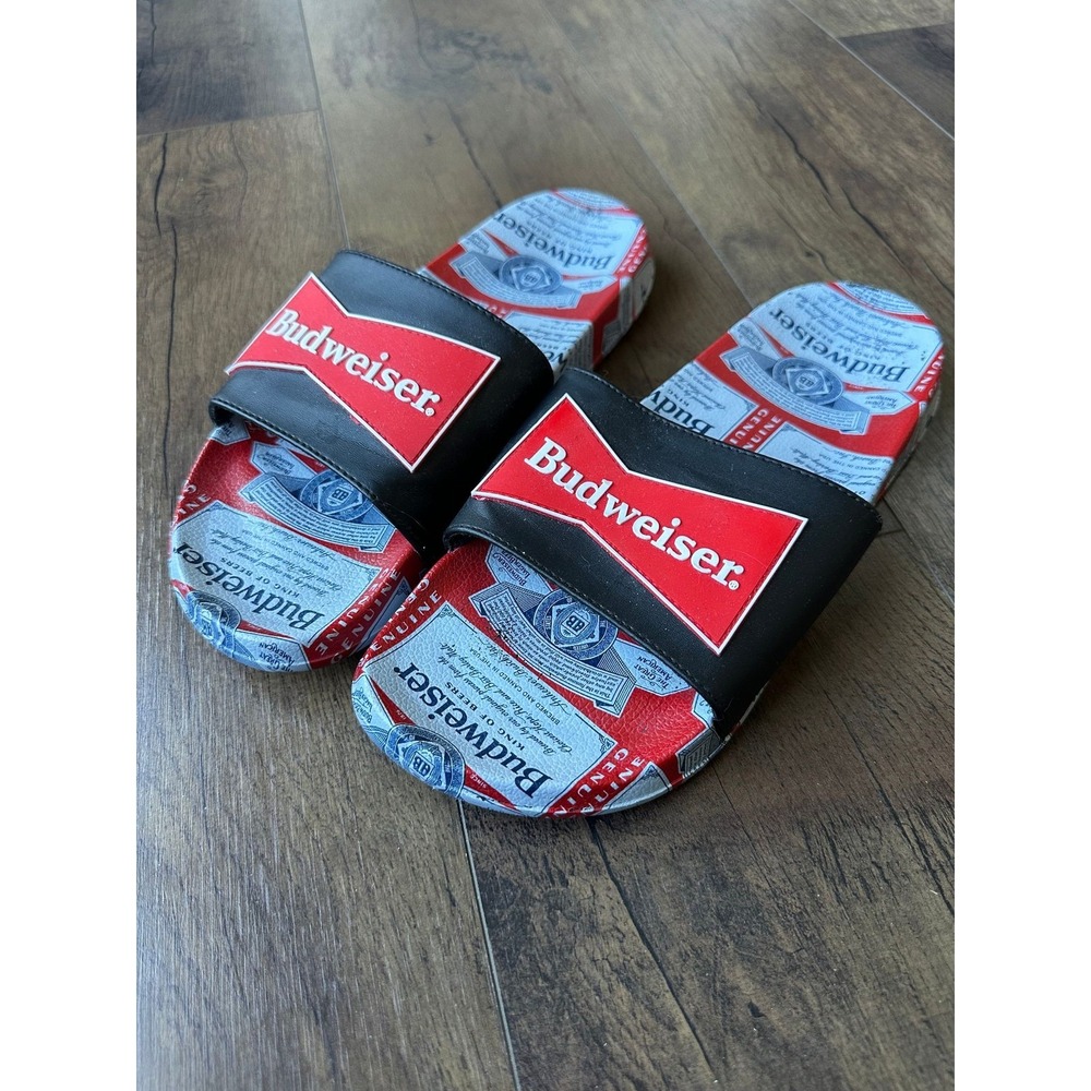 Budweiser Slides Mens 10 Red Graphic Logo Pool Beach Slip On Sandals Summer